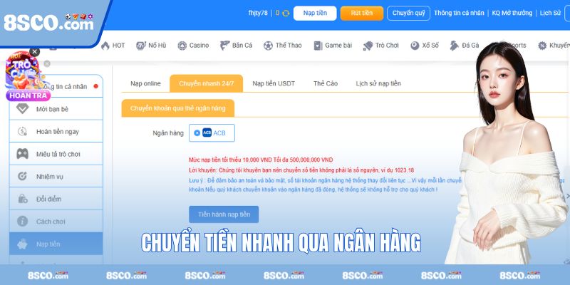 Nạp vốn chơi 8S qua ngân hàng